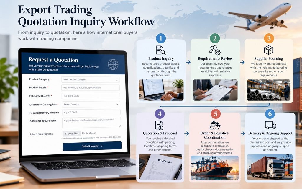 Trading company quotation form collecting product specifications, quantity, destination market, and delivery requirements.