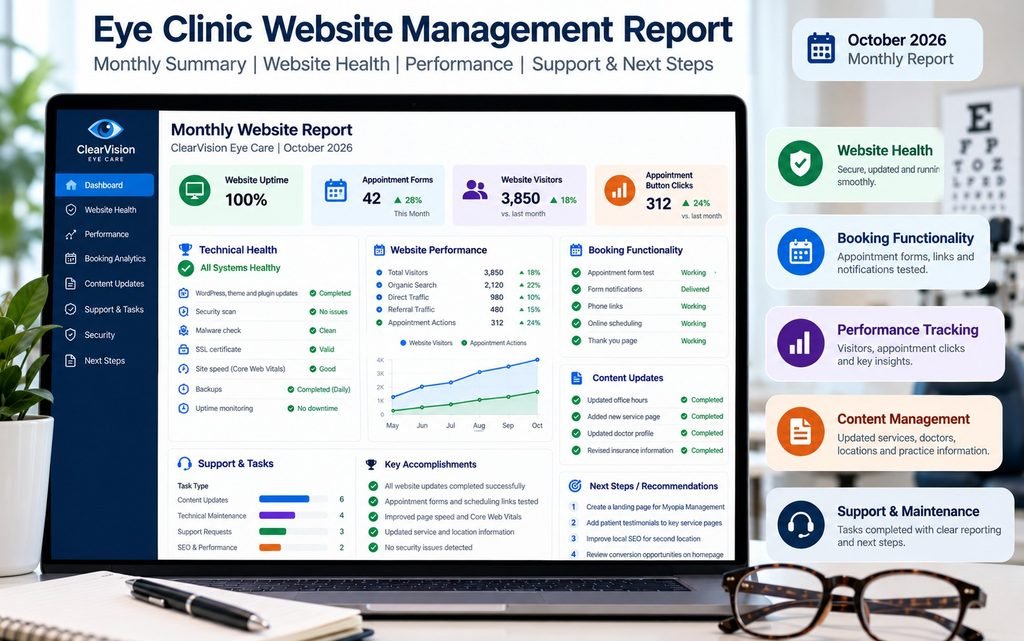 Monthly eye clinic website management report showing technical health, booking functionality, support tasks, and performance metrics.