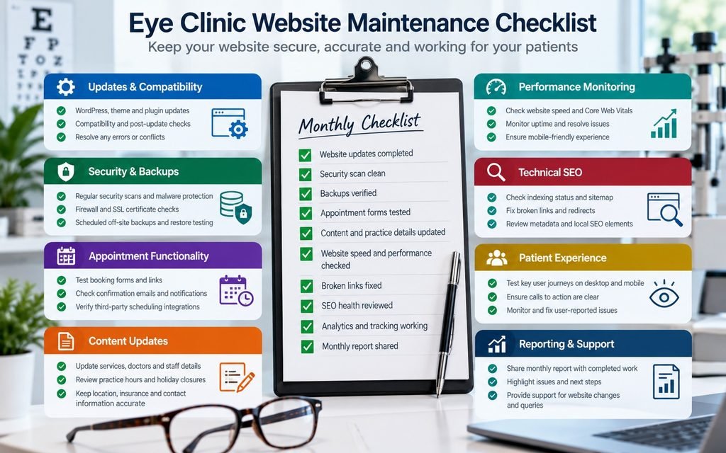 Eye clinic website maintenance checklist covering backups, security updates, booking forms, content accuracy, and technical SEO.