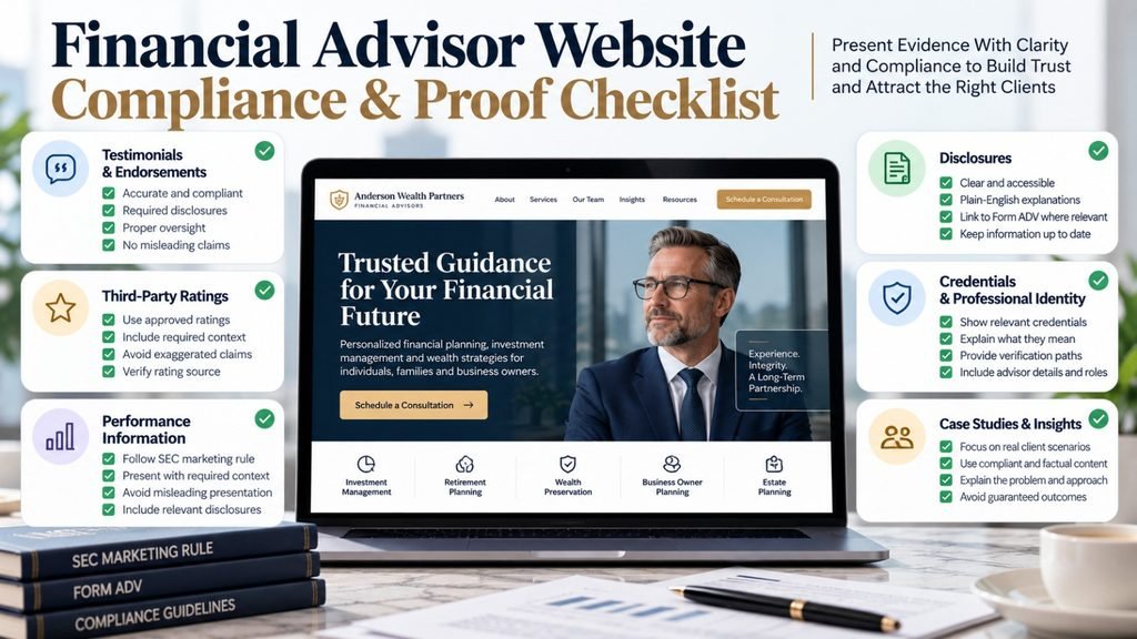 Financial advisor website compliance checklist for testimonials, endorsements, ratings, performance claims, and disclosures