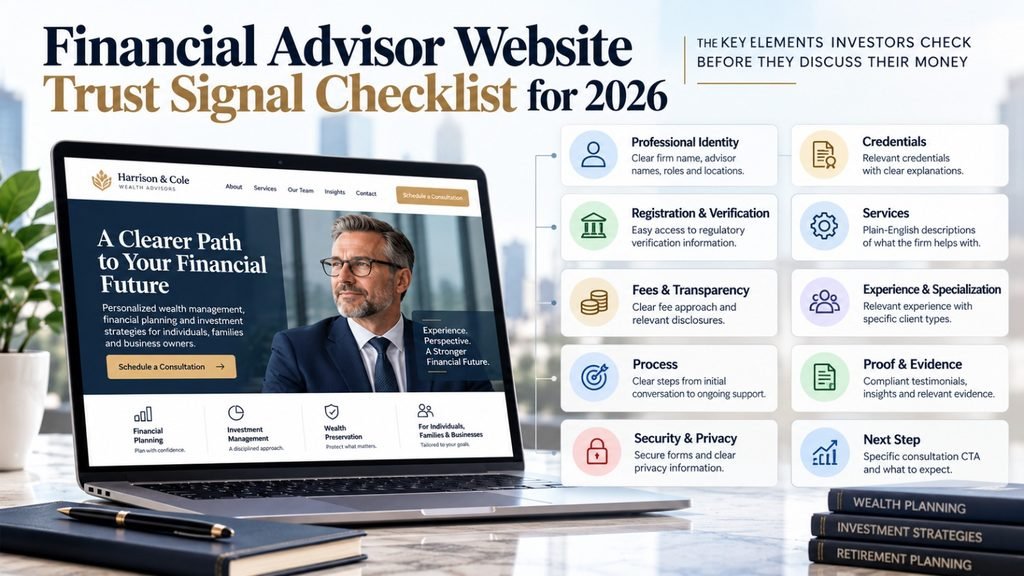 Financial advisor website trust signal checklist covering credentials, fees, services, proof, process, security, and verification