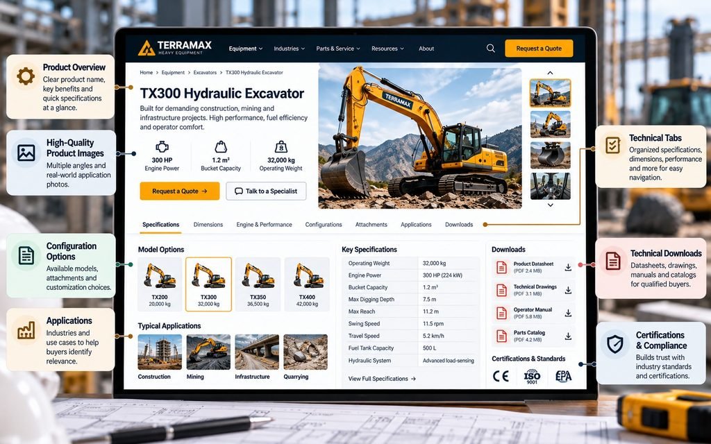 Heavy machinery product page with organized specifications, dimensions, operating capacity, configuration options, and technical downloads
