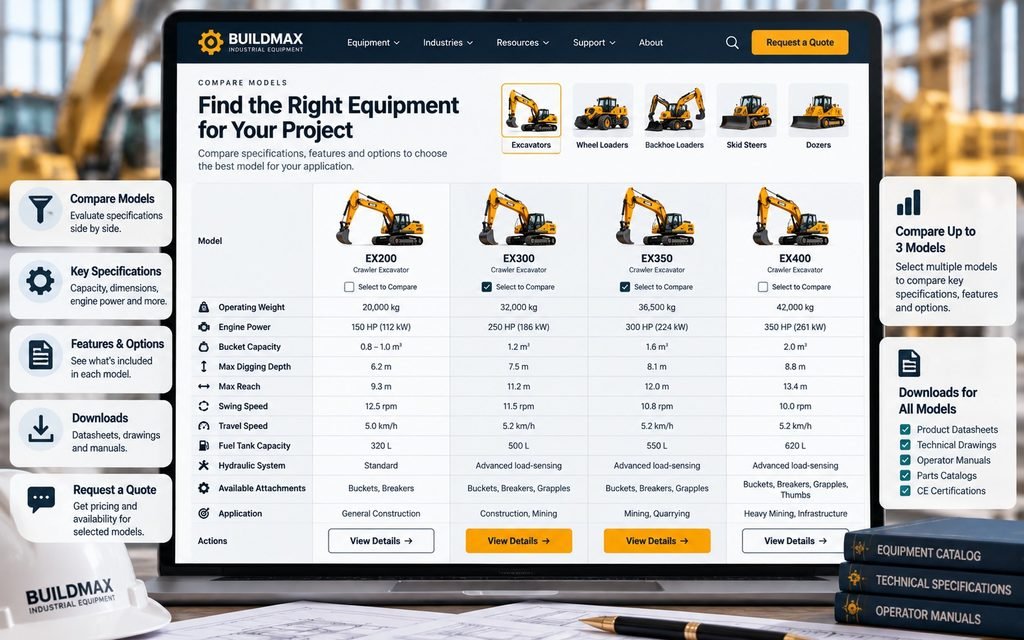 Industrial equipment website comparison table helping buyers evaluate machinery models by capacity, dimensions, power requirements, and features