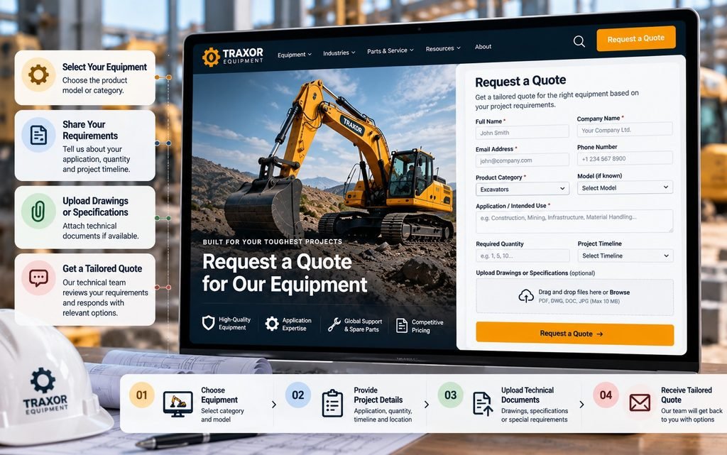 Industrial machinery RFQ form collecting product model, application, quantity, technical requirements, and drawing uploads