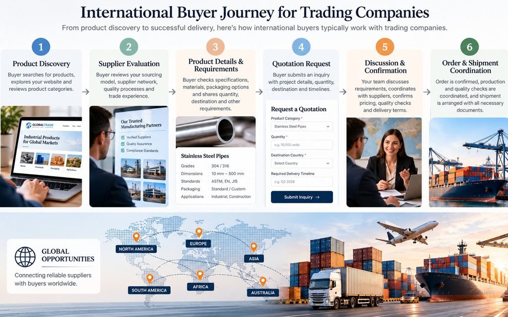 International trading buyer journey from product discovery and supplier evaluation to quotation and shipment coordination