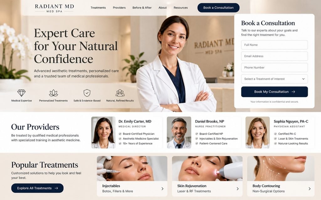Med spa website section presenting practitioner credentials, treatment information, and a consultation booking option.