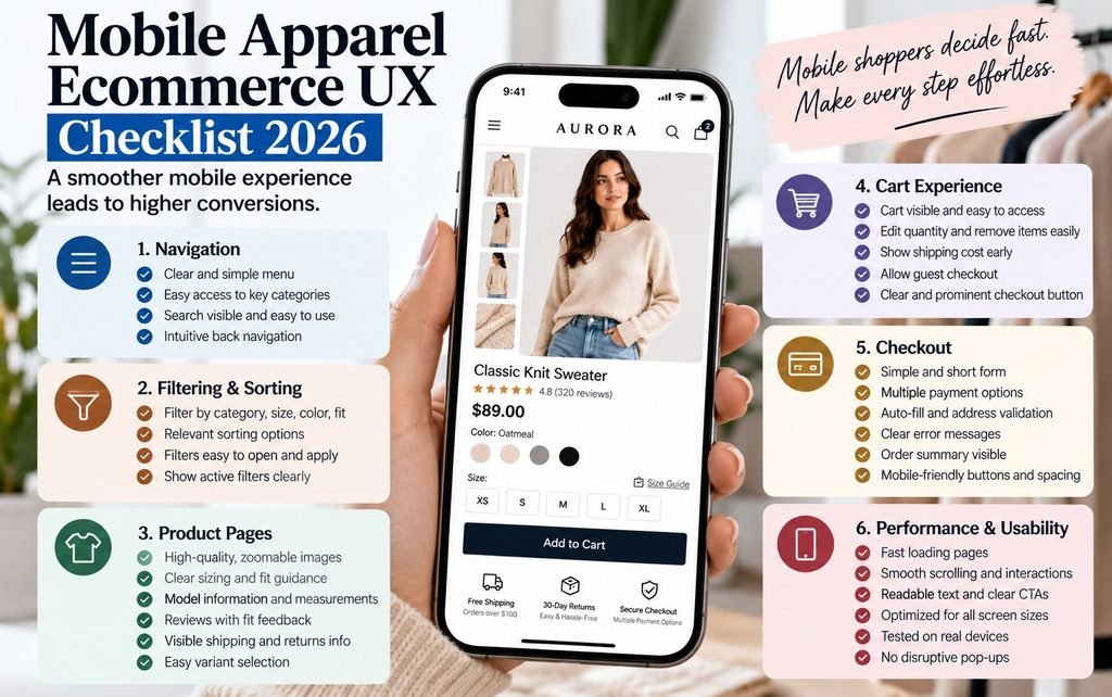 Mobile apparel ecommerce UX checklist for navigation, filtering, product pages, cart, and checkout