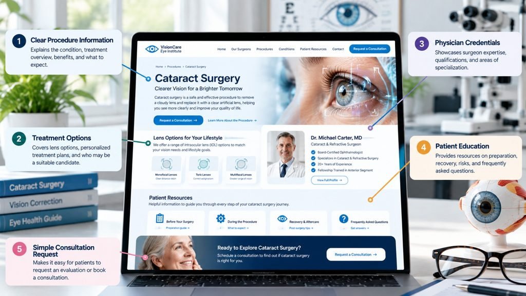 Surgical eye procedure webpage showing treatment information, physician credentials, patient education, and consultation request options