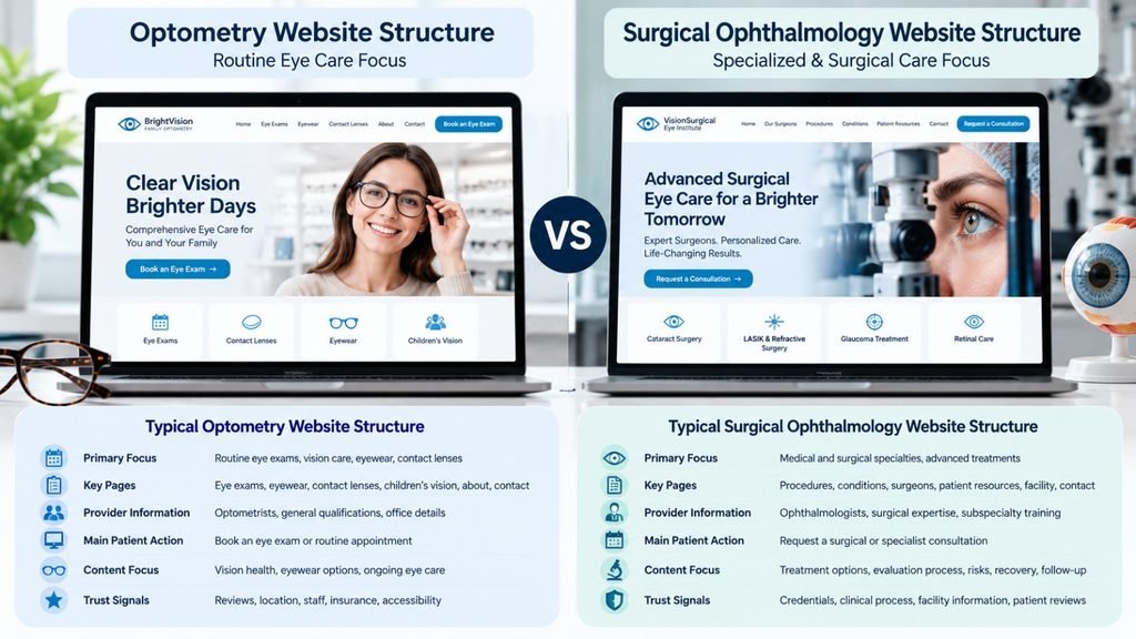 Comparison of optometry and surgical ophthalmology website structures highlighting routine eye care, surgical specialties, physician credentials, and consultation pathways