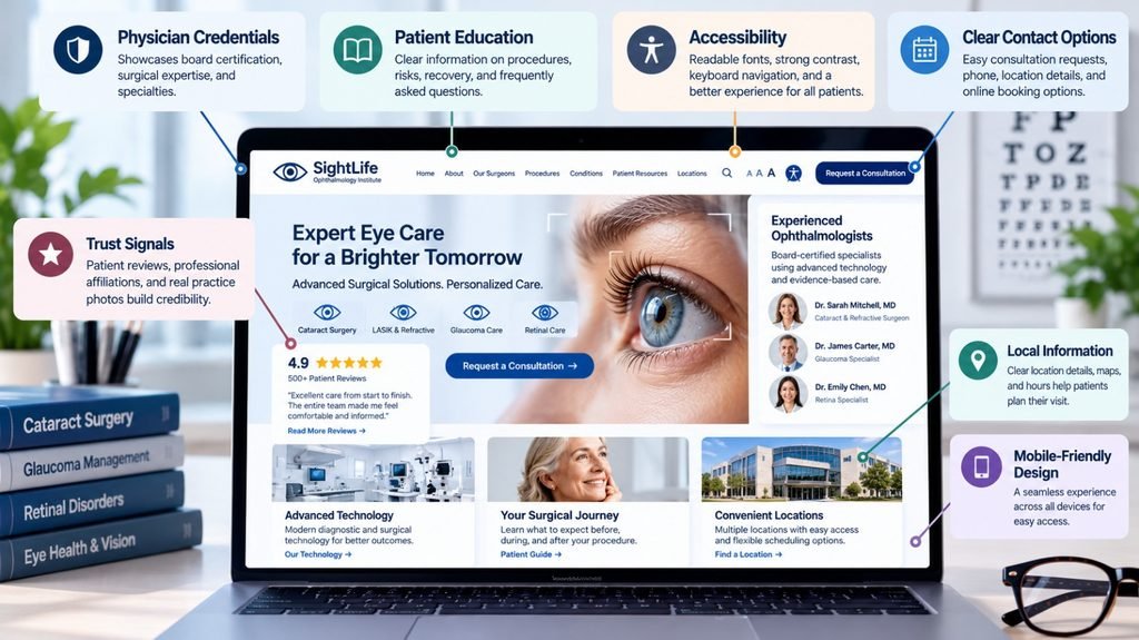 Ophthalmology website design demonstrating readable content, accessible navigation, physician credentials, and clear patient contact options