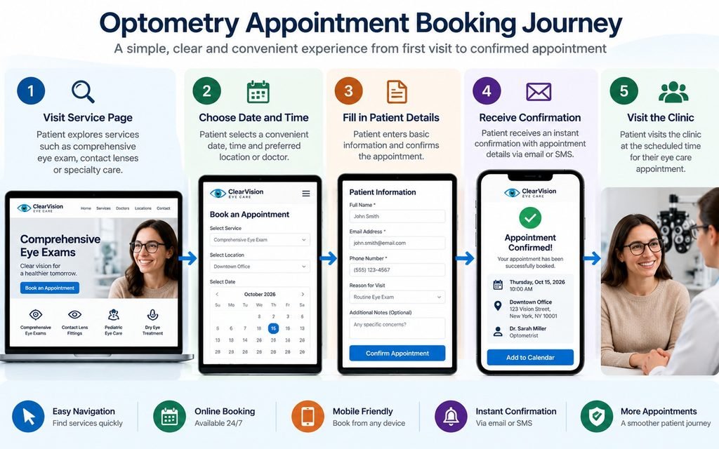 Optometry patient booking journey from service-page visit to appointment request and confirmation.