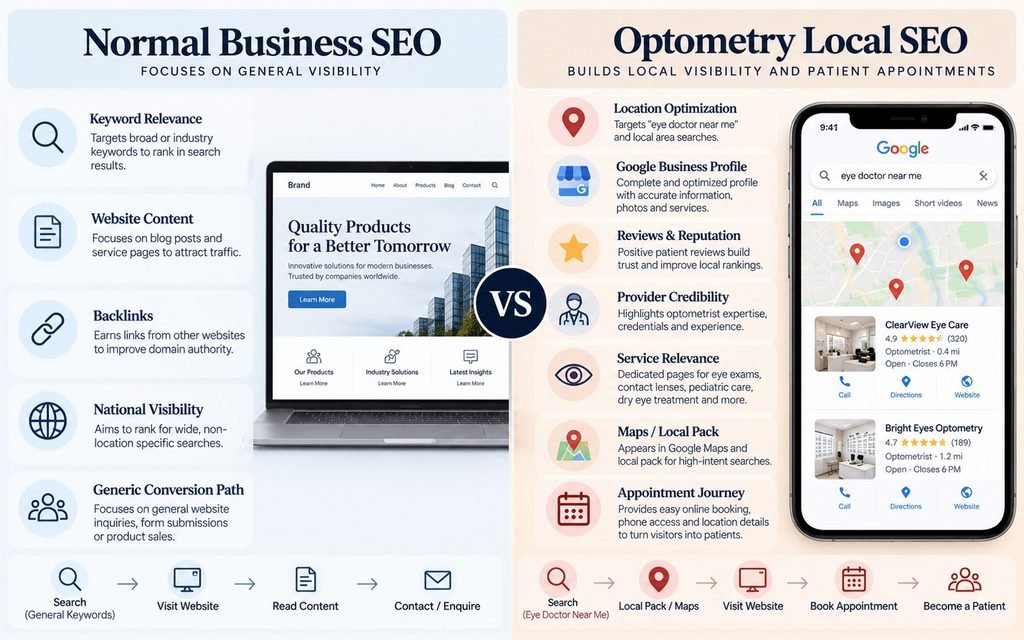 Optometry local SEO compared with normal business SEO, showing location, reviews, provider authority, and appointment factors.