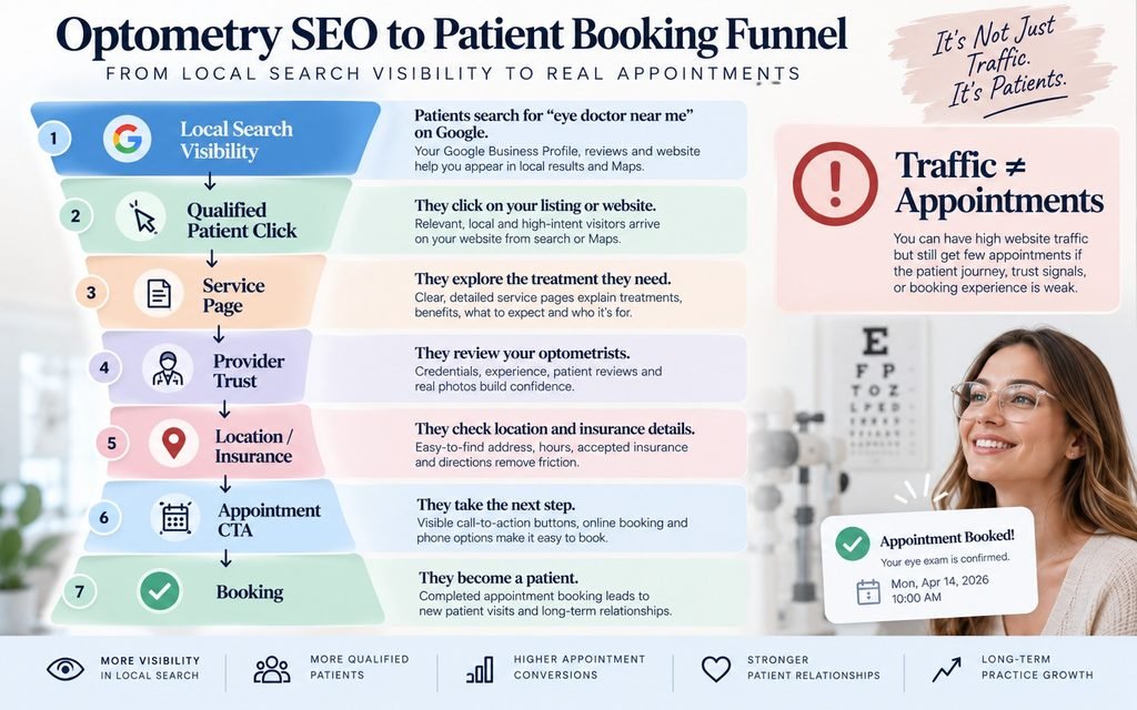 Optometry SEO conversion funnel showing how local search visibility becomes qualified website visitors and patient appointments.
