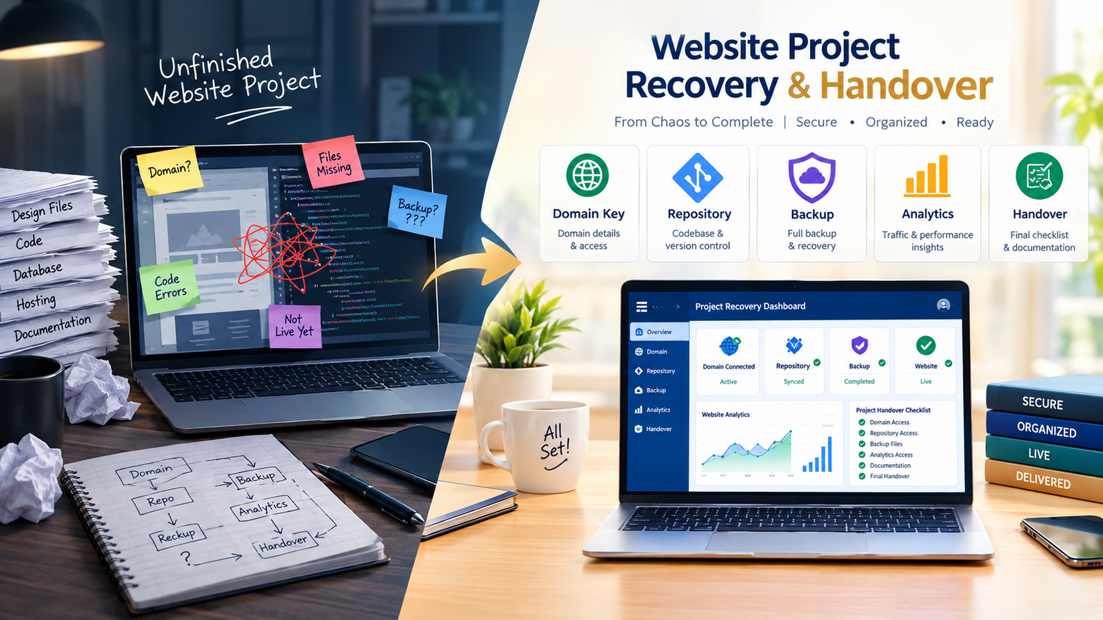 Website project recovery checklist showing domain access, code, backups, analytics and handover tasks.