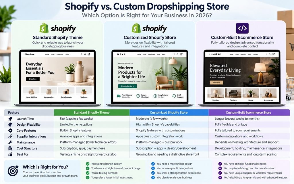 Comparison of a standard Shopify store, customized Shopify storefront, and custom-built dropshipping website.