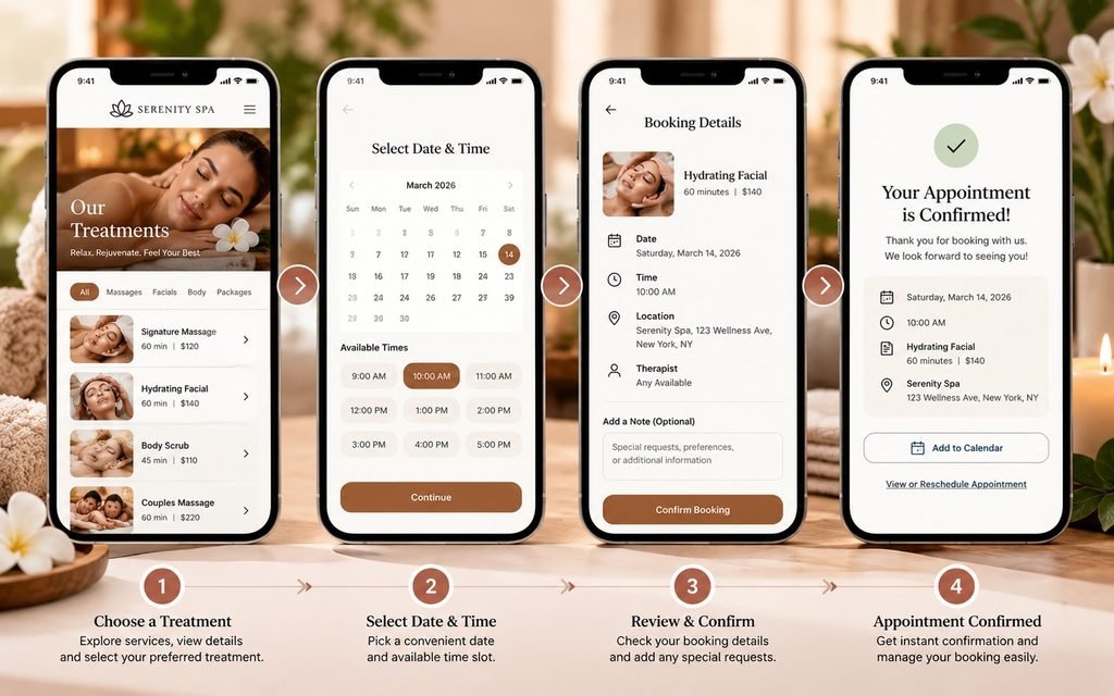 Mobile spa booking journey showing treatment selection, appointment availability, and confirmation.