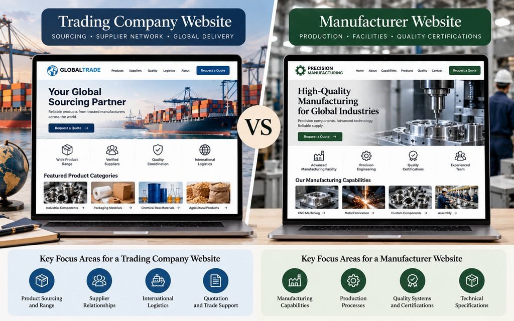 Comparison of a trading company website focused on sourcing and logistics with a manufacturer website focused on factory capabilities and production