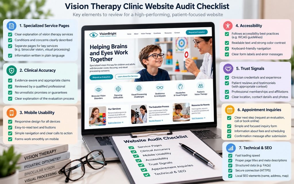 Website audit checklist covering specialized service pages, clinical accuracy, accessibility, mobile usability, trust signals, and appointment inquiries.
