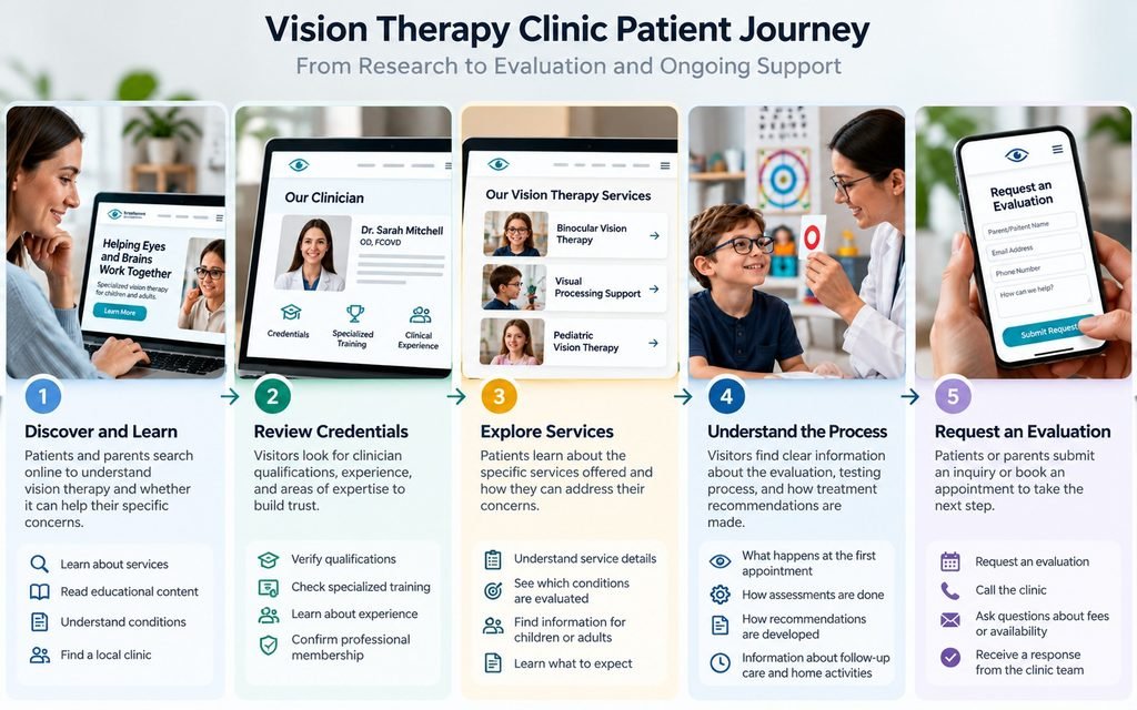Vision therapy clinic patient journey from learning about services and reviewing clinician credentials to requesting an evaluation.