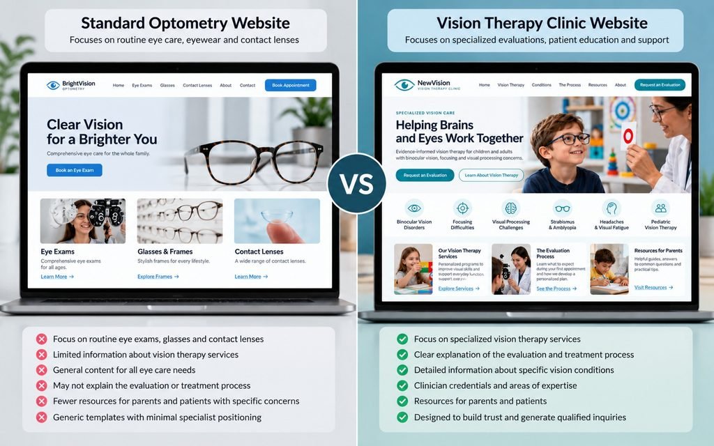 Comparison of a standard optometry website focused on routine eye care and a specialized vision therapy clinic website focused on evaluations and patient education.