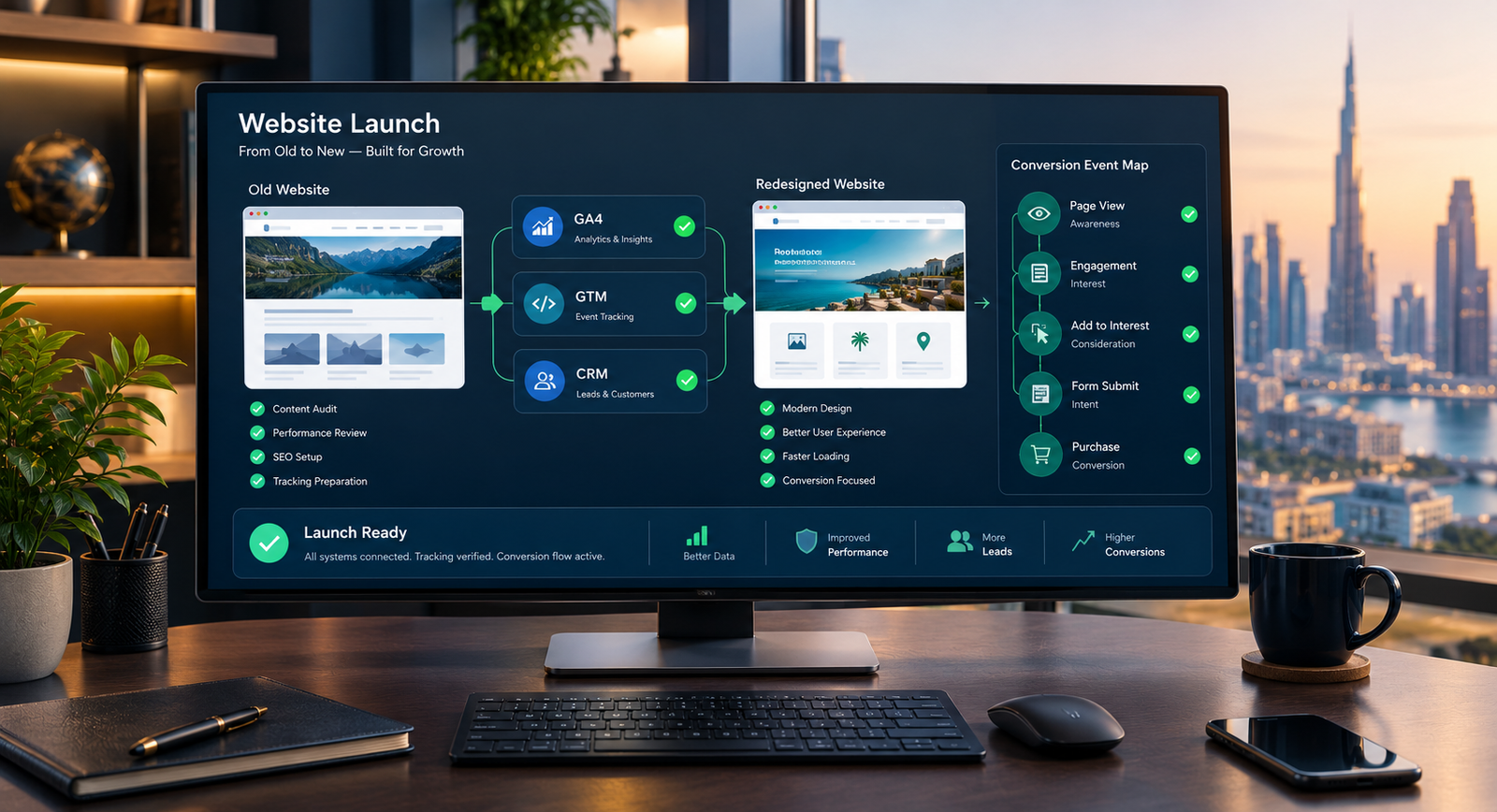 Website redesign analytics plan connecting GA4, Google Tag Manager, CRM attribution and conversion events before launch