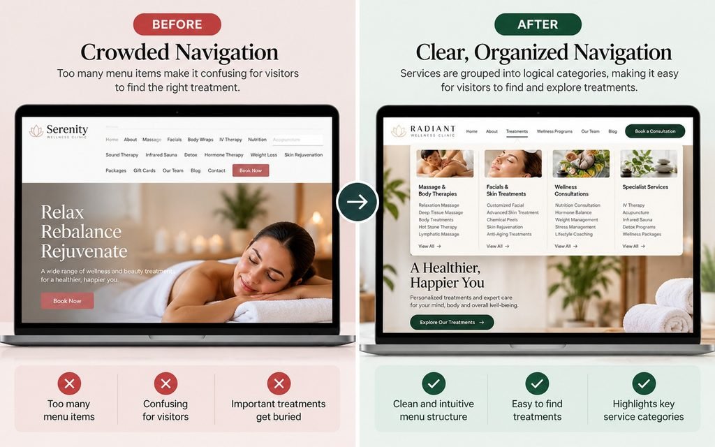 Comparison of a crowded wellness clinic treatment menu and a simplified navigation structure organized by service category.