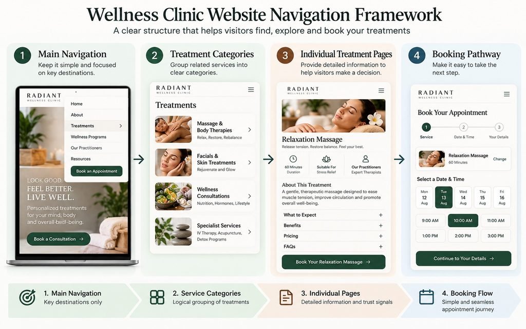 Wellness clinic website structure showing main navigation, service categories, individual treatment pages, and booking pathways.