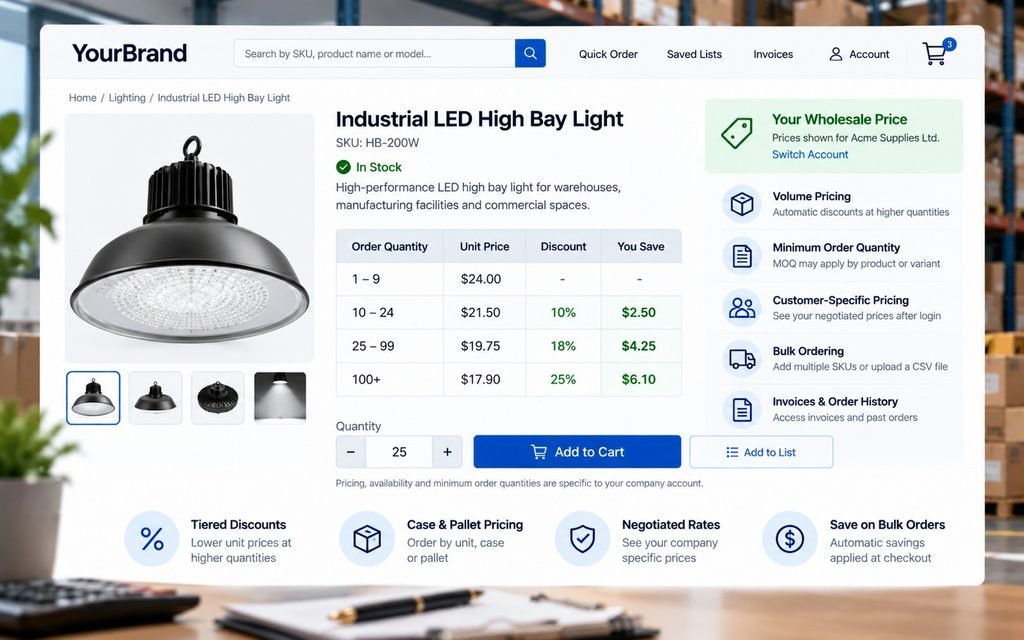 Wholesale ecommerce pricing table showing quantity thresholds, customer-specific prices, and volume discounts.